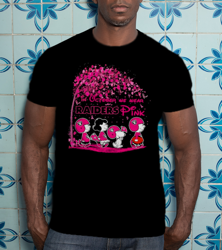 In October We Wear Raiders Pink Peanuts Breast Cancer Awareness T-Shirt
