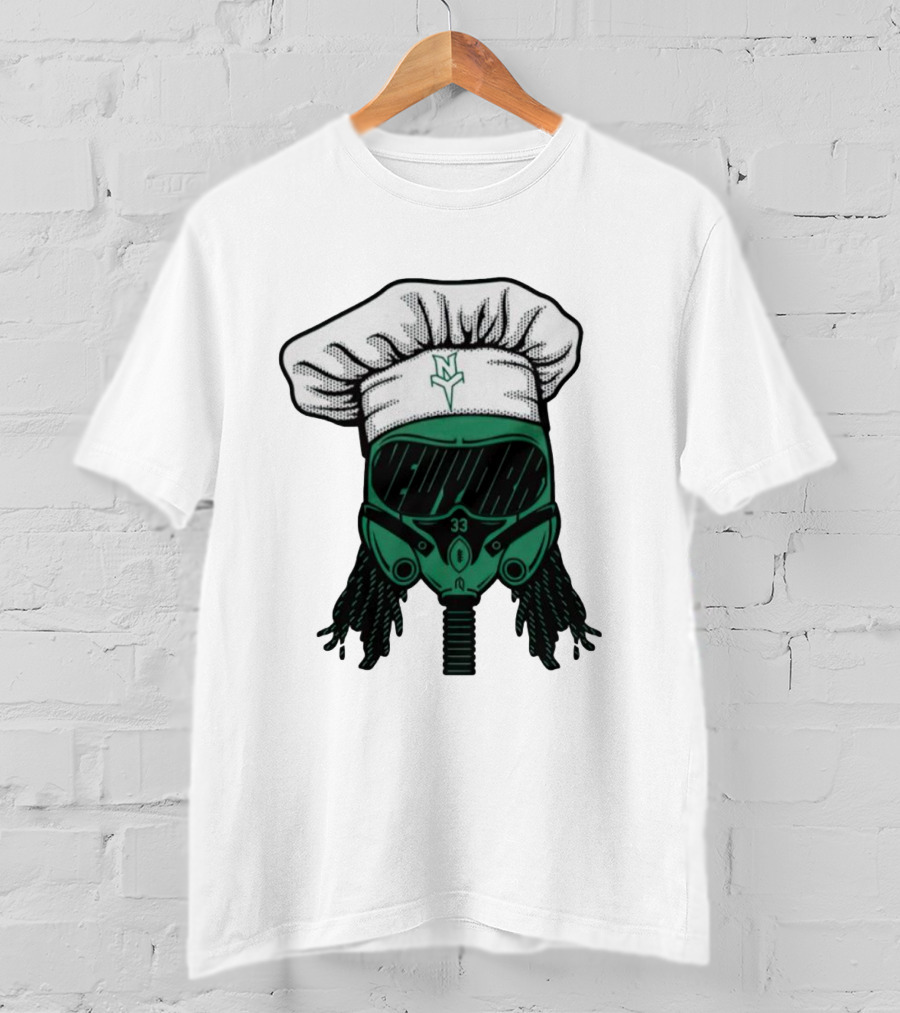 Jet Pilot Cook Chef Hat And Mask With Green Helmet And Braids T-Shirt