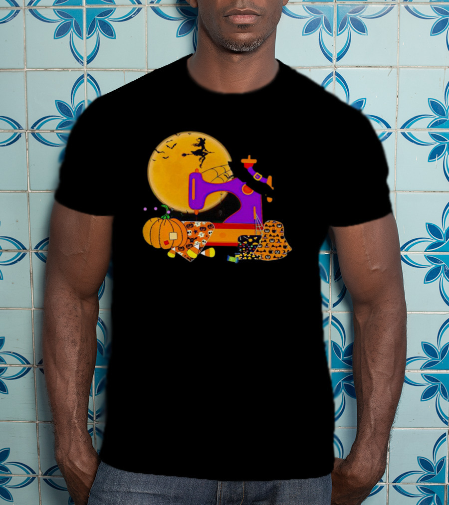 Halloween Witch Flying Over Sewing Machine With Pumpkins And Patchwork T-Shirt