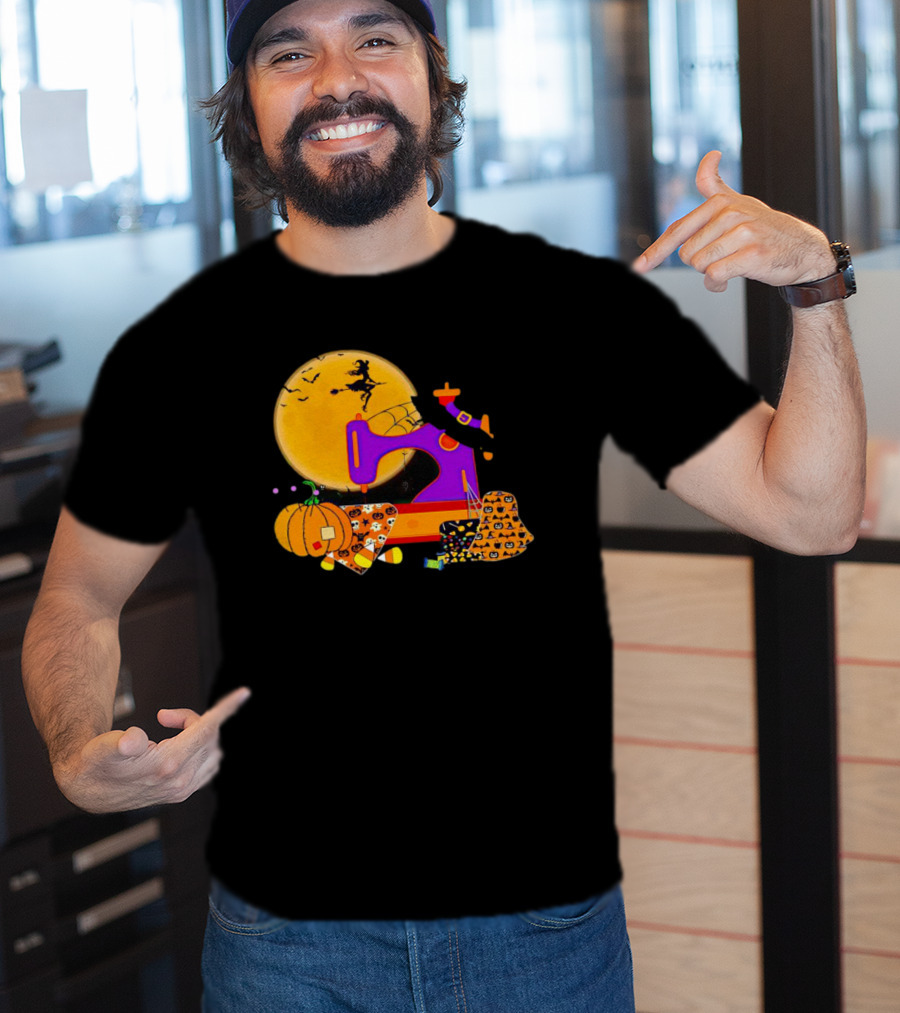 Halloween Witch Flying Over Sewing Machine With Pumpkins And Patchwork T-Shirt