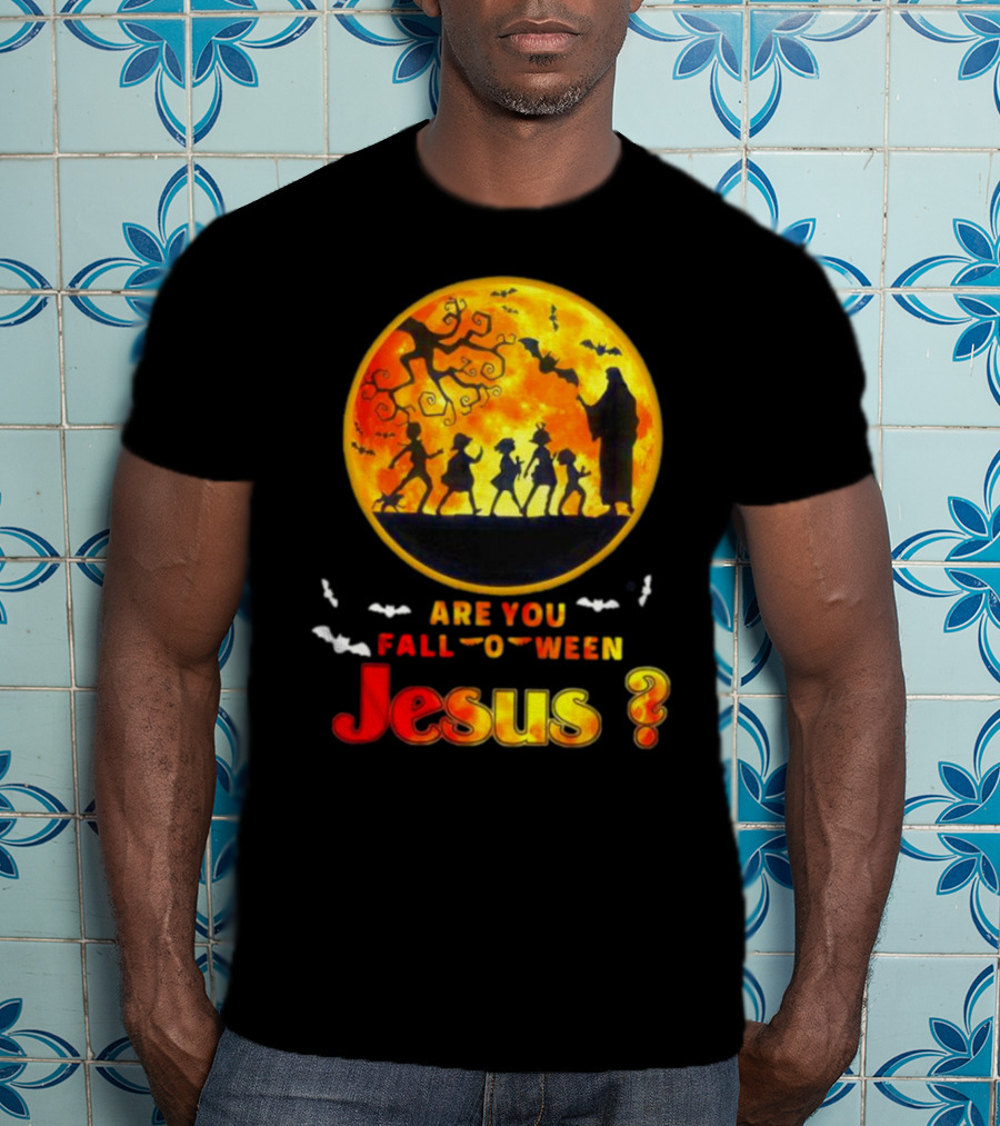Are You Fall O Ween Jesus Halloween Silhouette With Bats And Tree T-Shirt
