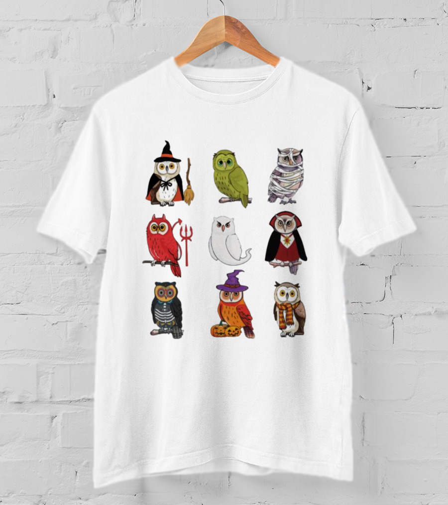 Halloween Witch Ghost Mummy Vampire Devil Skeleton Pumpkins Scarf Owls T-Shirt