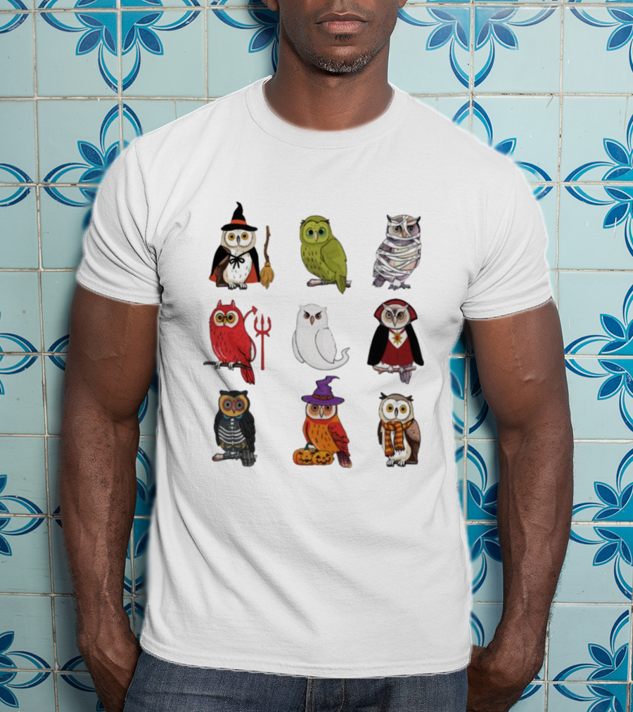 Halloween Witch Ghost Mummy Vampire Devil Skeleton Pumpkins Scarf Owls T-Shirt