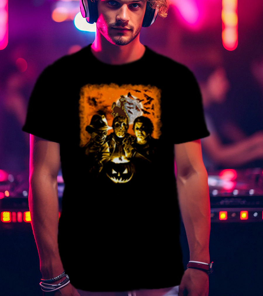 Horror Movies Freddy Krueger Jason Voorhees Michael Myers Halloween Wyoming Cowboys Jack-O'-Lantern Moon Bats T-Shirt