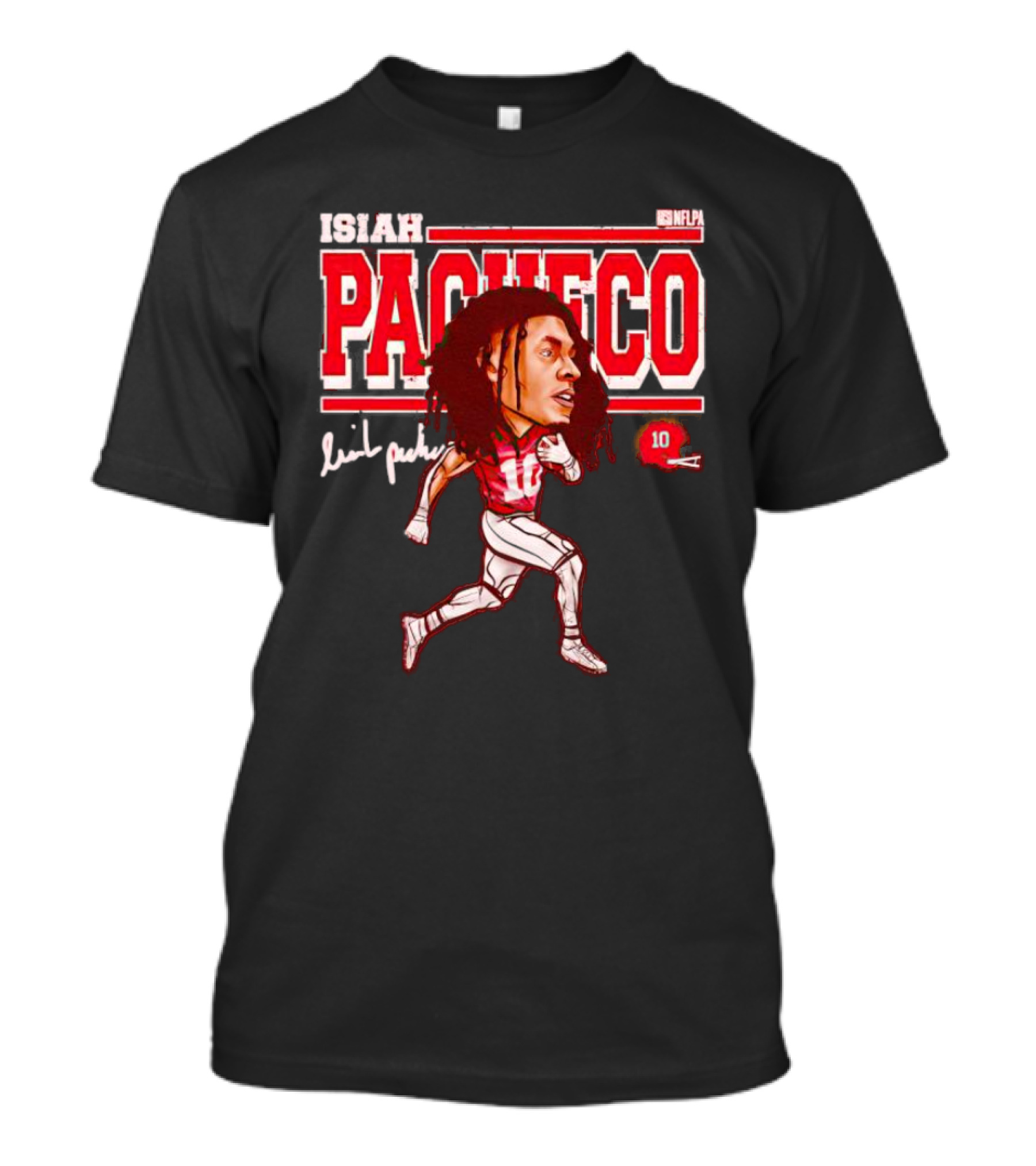 ISIAH PACHECO NFLPA Signature Caricature With Number 10 And Red Helmet T-Shirt
