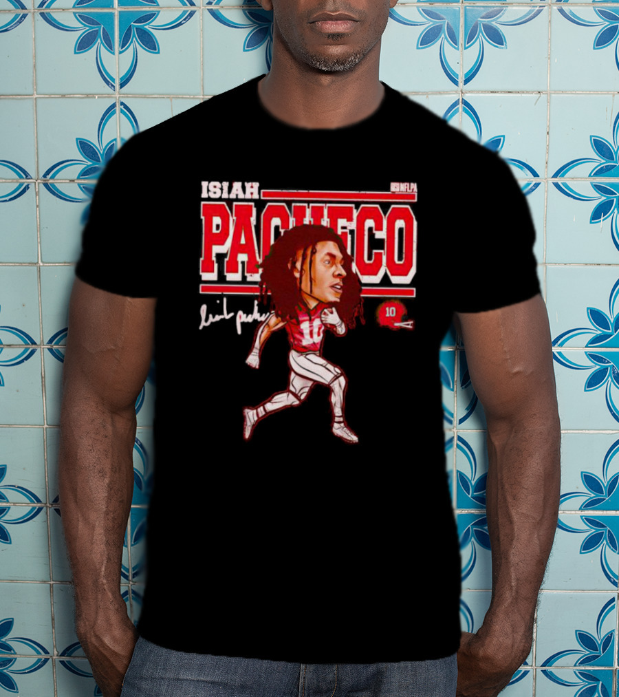 ISIAH PACHECO NFLPA Signature Caricature With Number 10 And Red Helmet T-Shirt