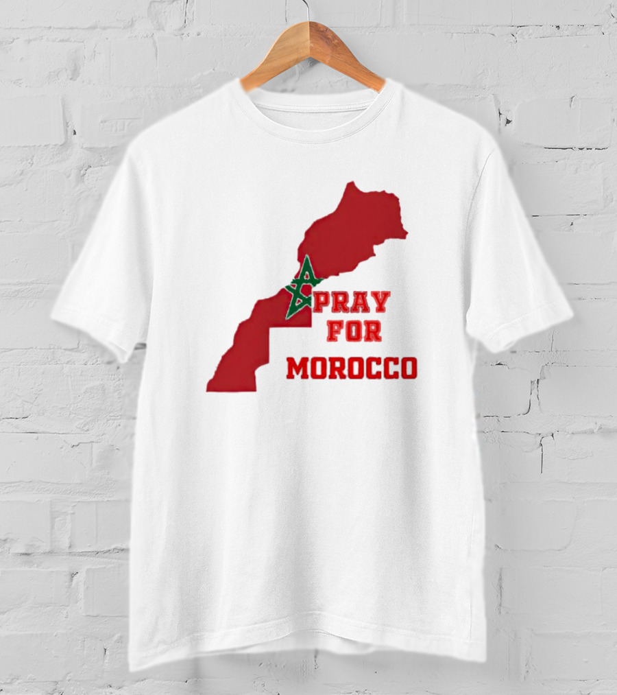 Pray For Morocco Map With Green Star And Red T-Shirt
