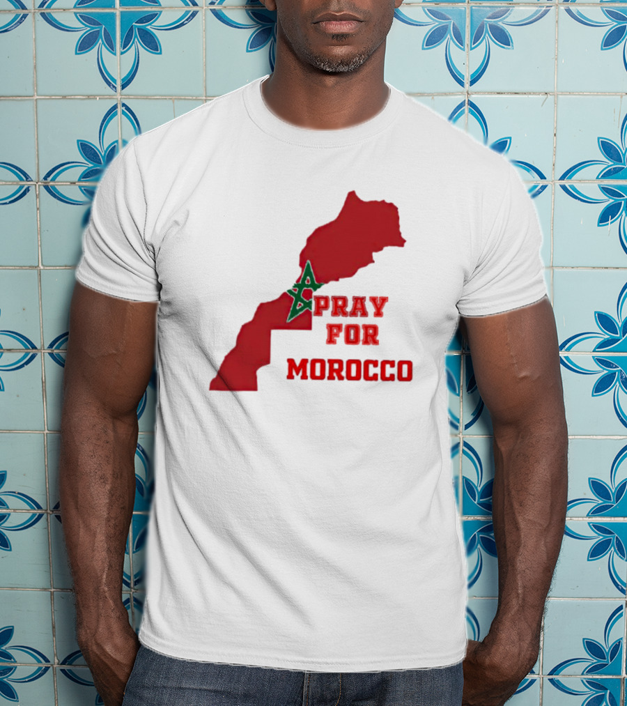 Pray For Morocco Map With Green Star And Red T-Shirt