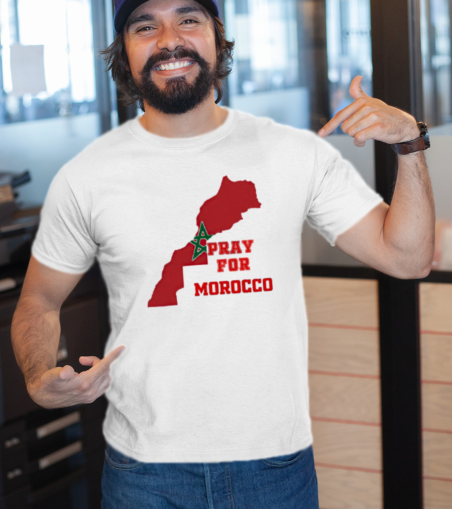 Pray For Morocco Map With Green Star And Red T-Shirt