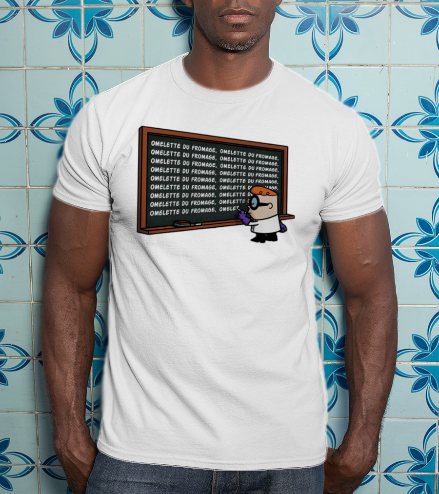 Omelette Du Fromage Chalkboard Cartoon Character Writing T-Shirt