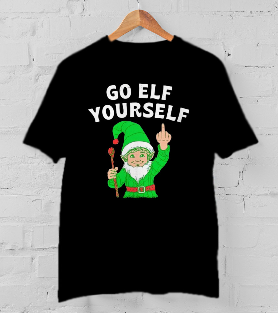 GO ELF YOURSELF Middle Finger Green Elf With Candy Cane T-Shirt