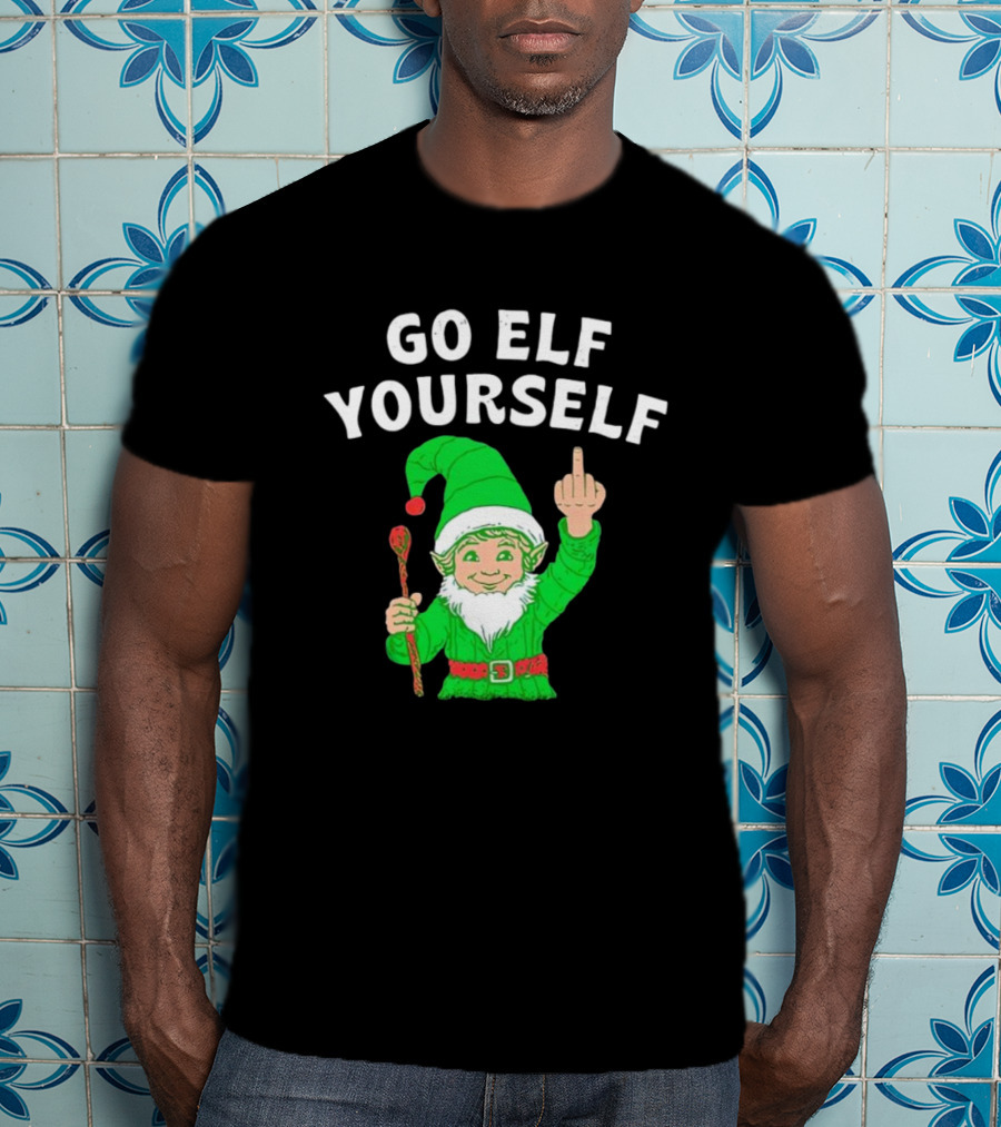 GO ELF YOURSELF Middle Finger Green Elf With Candy Cane T-Shirt