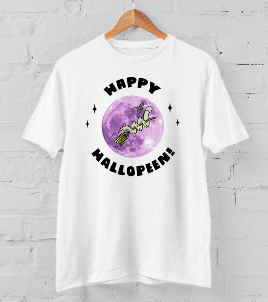 Happy Hallopeen Snake On Broomstick With Purple Moon Halloween T-Shirt