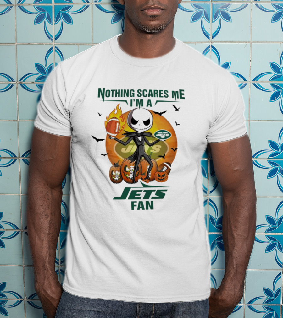 Jack Skellington Nothing Scares Me I'm A New York Jets Fan Halloween Pumpkins Football T-Shirt