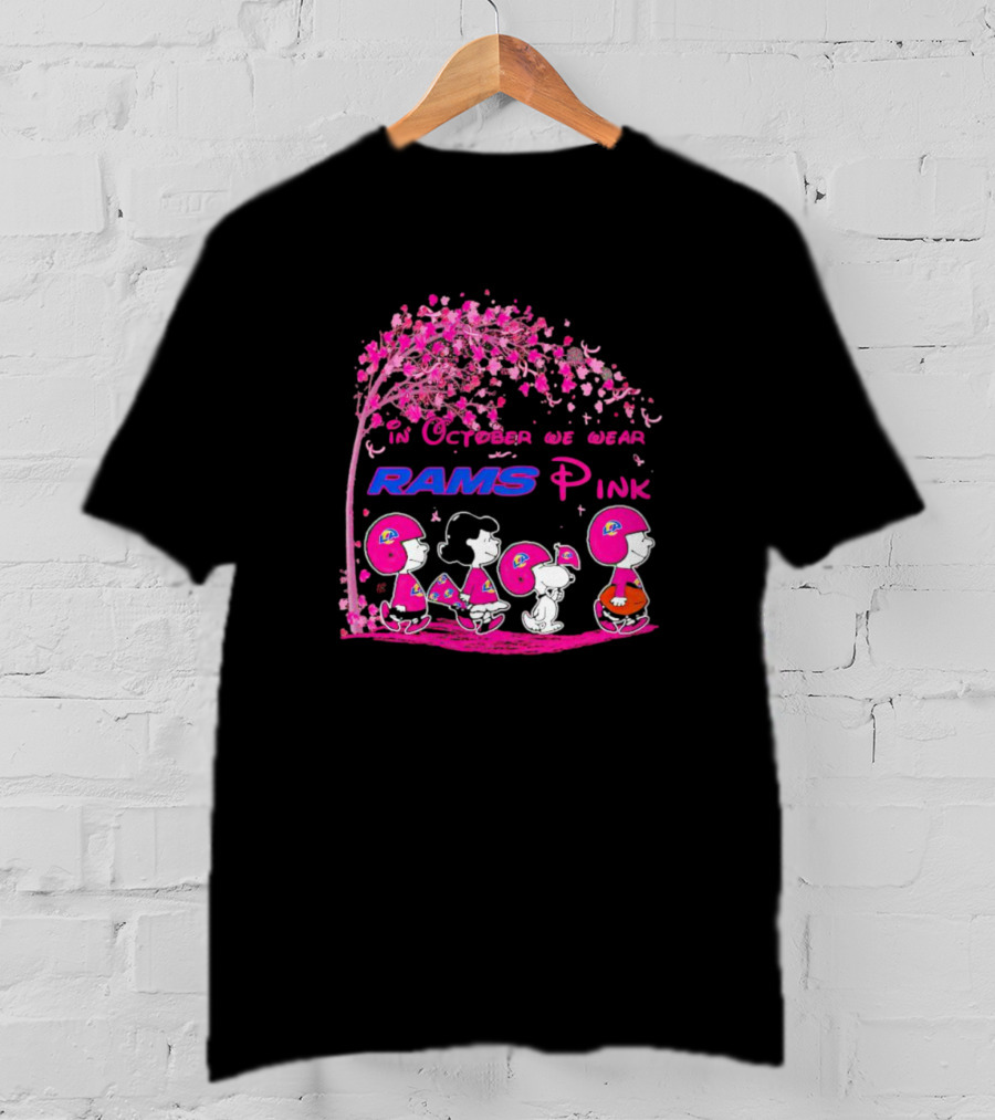 In October We Wear Rams Pink Peanuts Characters Los Angeles Breast Cancer T-Shirt