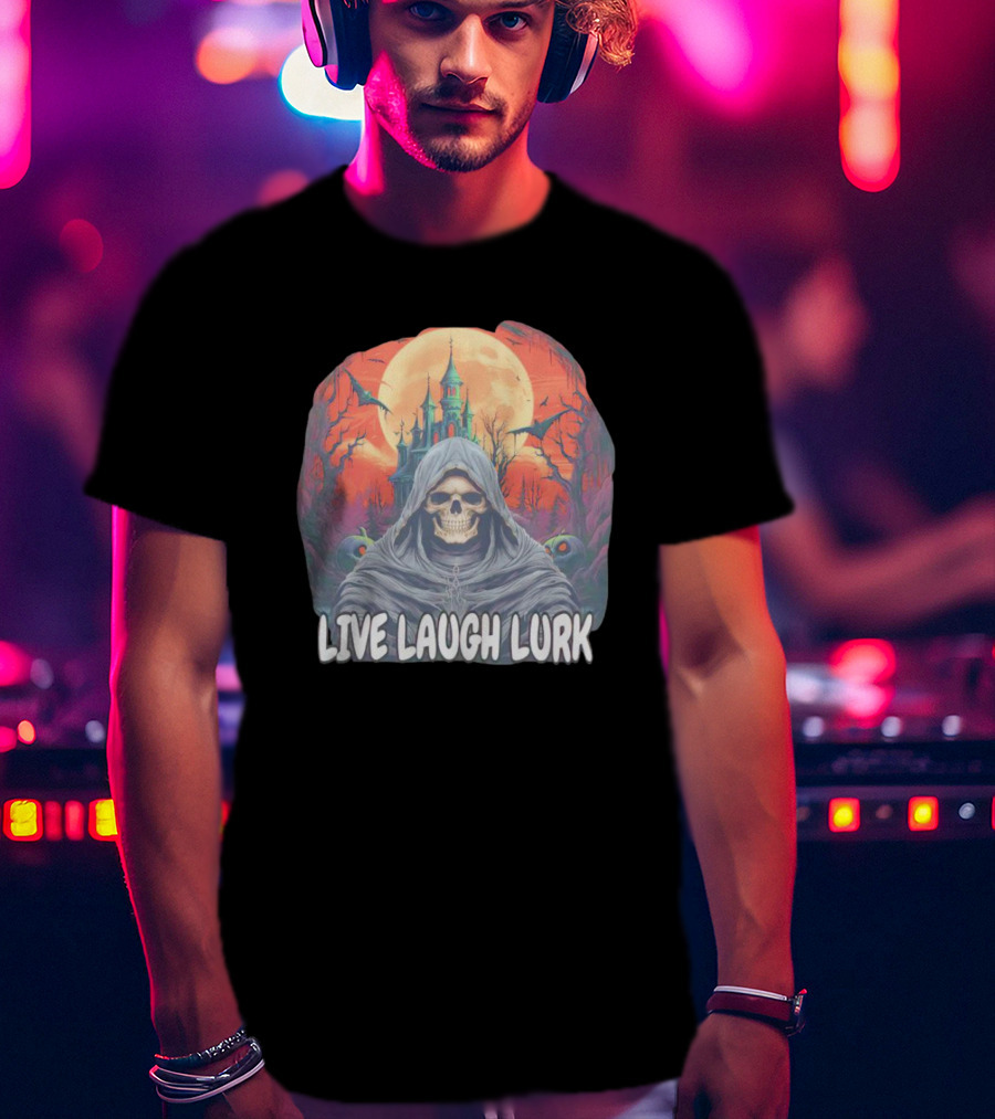Live Laugh Lurk Skeleton Haunted Castle Bats Full Moon T-Shirt