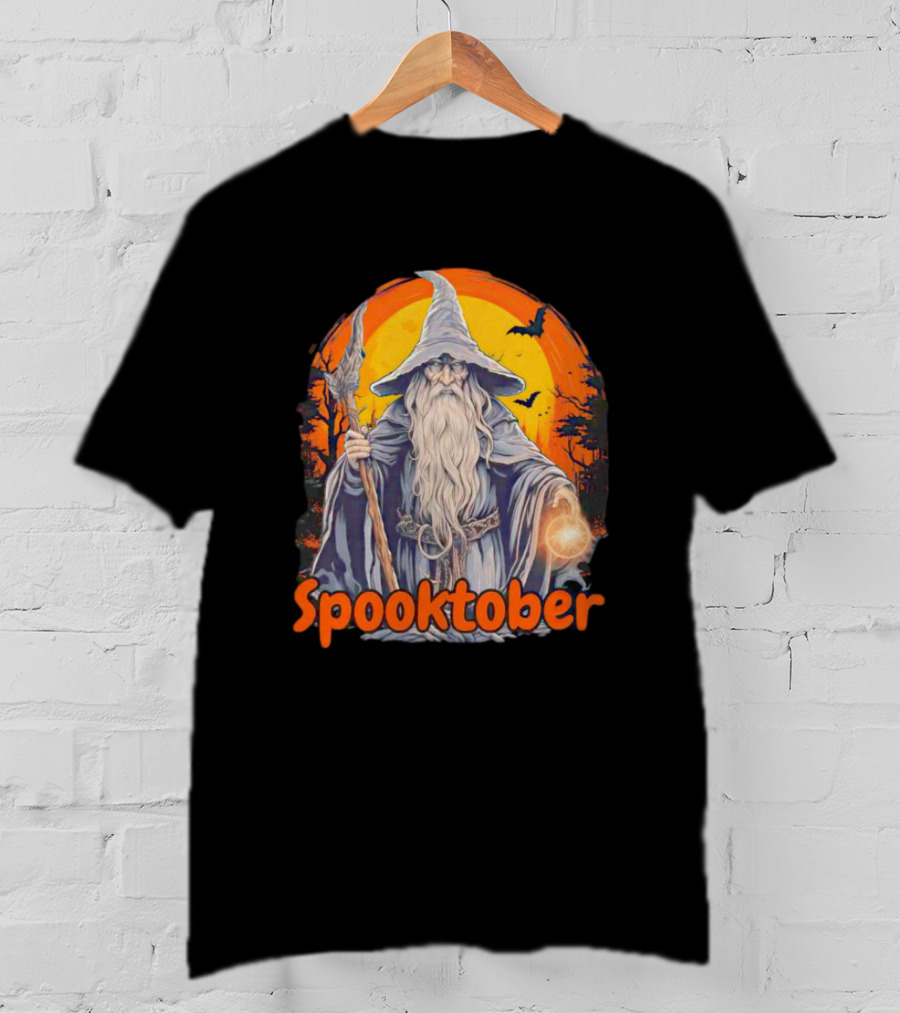 Spooktober Wizard Halloween With Wand And Orange Bats T-Shirt