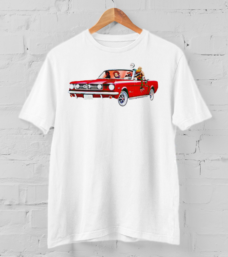 Horror Movie Icons In Red Mustang Car Driving Scene T-Shirt