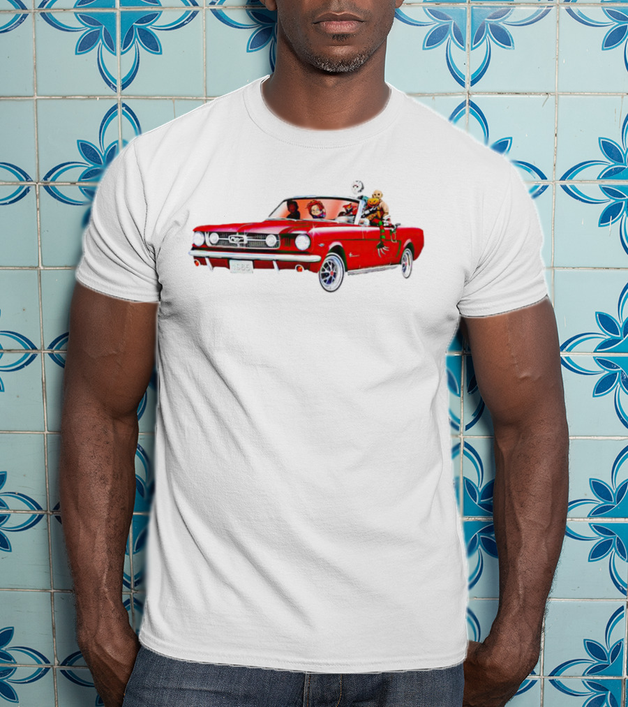 Horror Movie Icons In Red Mustang Car Driving Scene T-Shirt