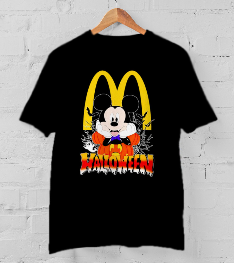 Mickey Mouse Halloween Pumpkin McDonald's Logo With Bats T-Shirt