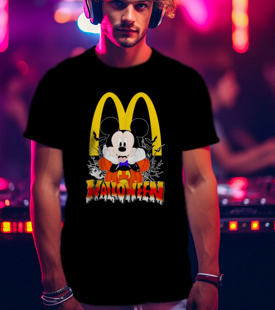 Mickey Mouse Halloween Pumpkin McDonald's Logo With Bats T-Shirt