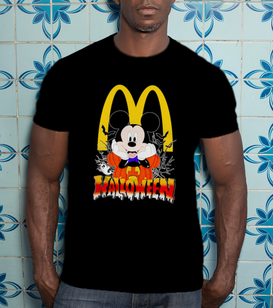 Mickey Mouse Halloween Pumpkin McDonald's Logo With Bats T-Shirt