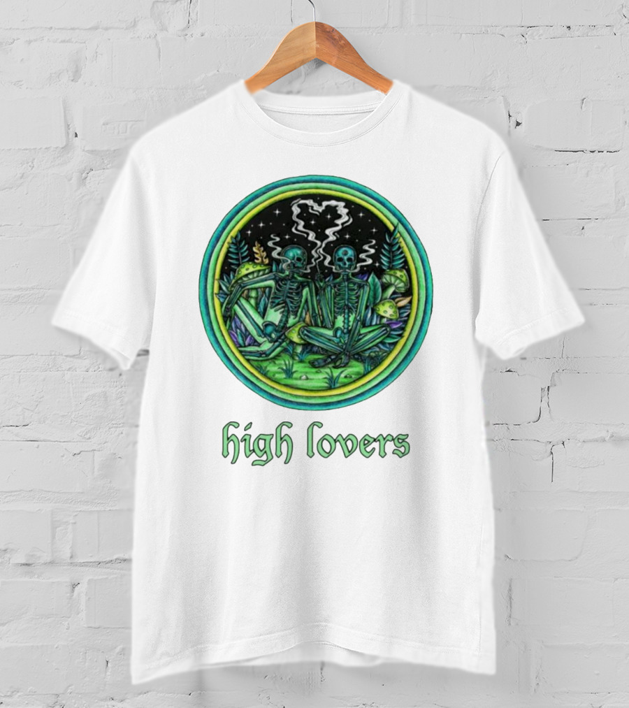High Lovers Skeletons In Psychedelic Forest Scene T-Shirt