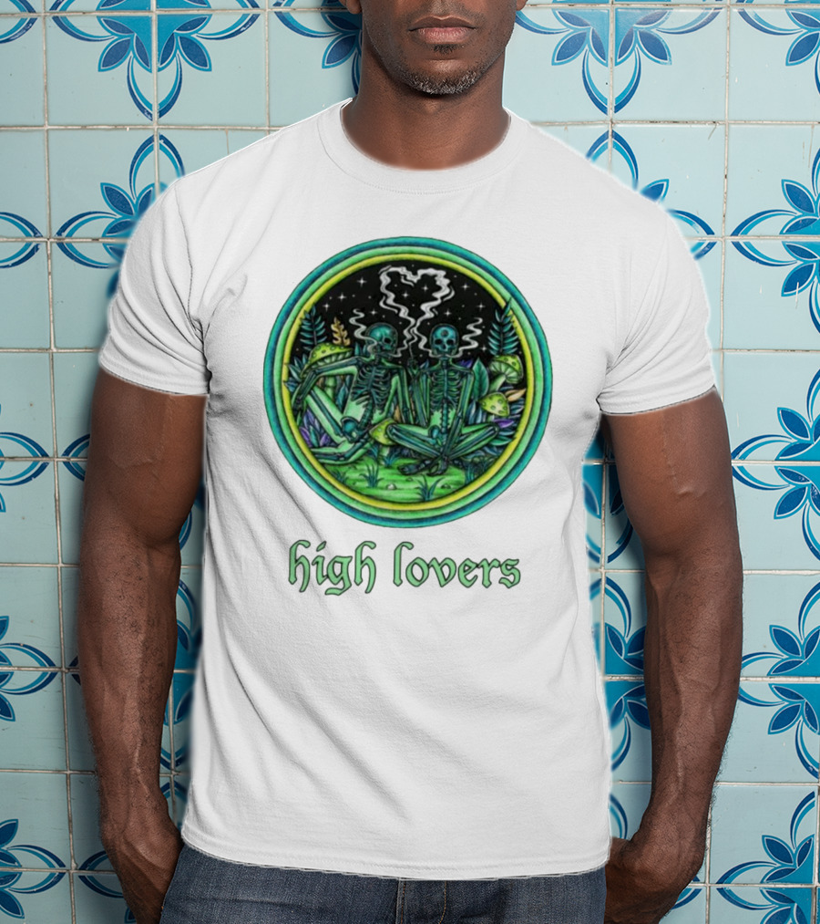 High Lovers Skeletons In Psychedelic Forest Scene T-Shirt