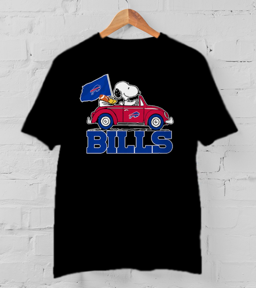 Snoopy Woodstock Driving Red Car Buffalo Bills Flag T-Shirt
