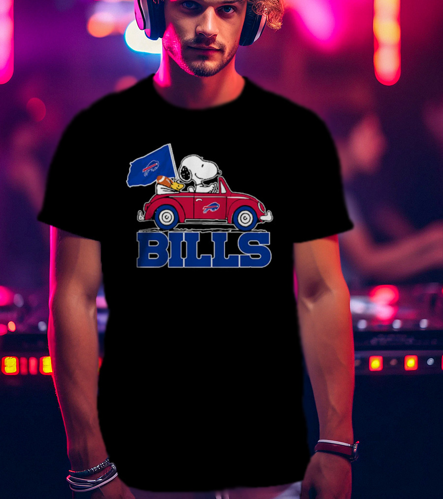 Snoopy Woodstock Driving Red Car Buffalo Bills Flag T-Shirt