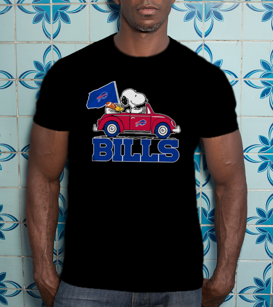 Snoopy Woodstock Driving Red Car Buffalo Bills Flag T-Shirt
