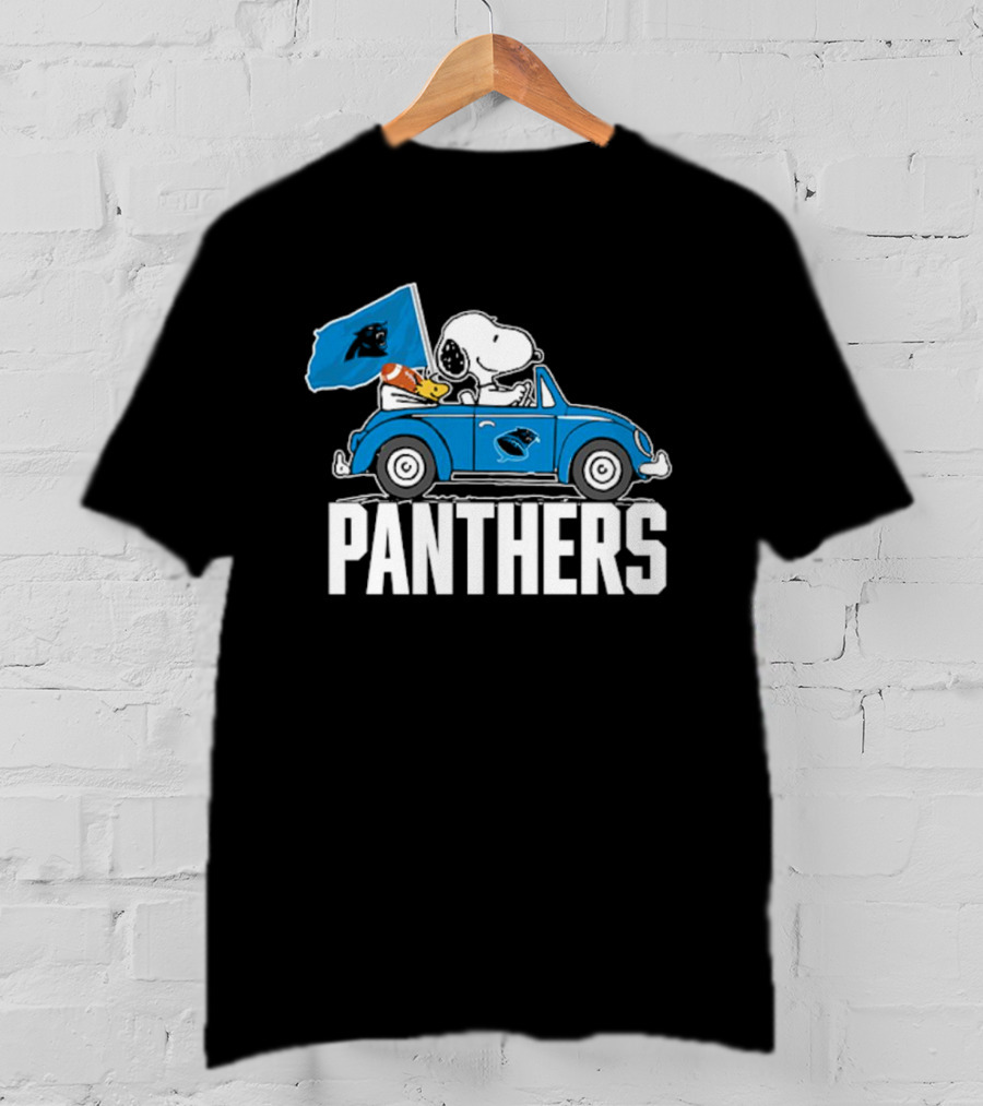 Snoopy And Woodstock Driving Car Panthers Flag T-Shirt