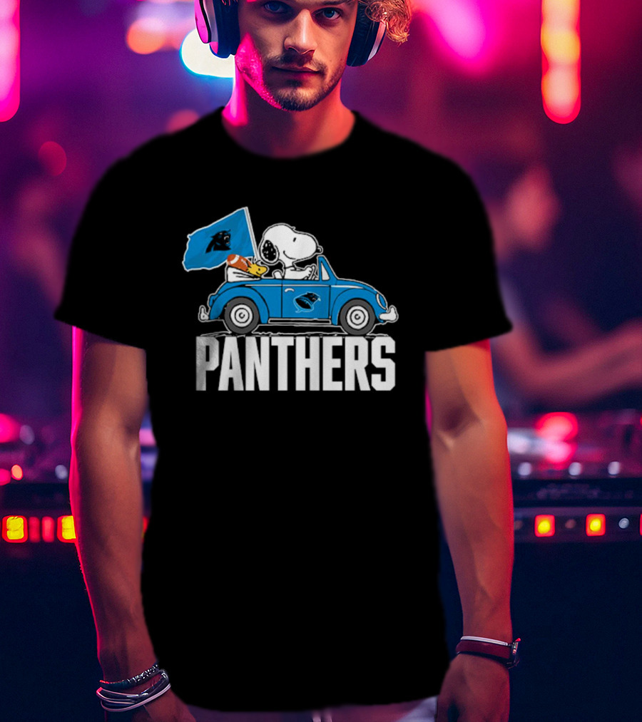Snoopy And Woodstock Driving Car Panthers Flag T-Shirt
