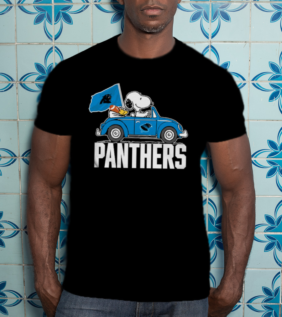 Snoopy And Woodstock Driving Car Panthers Flag T-Shirt