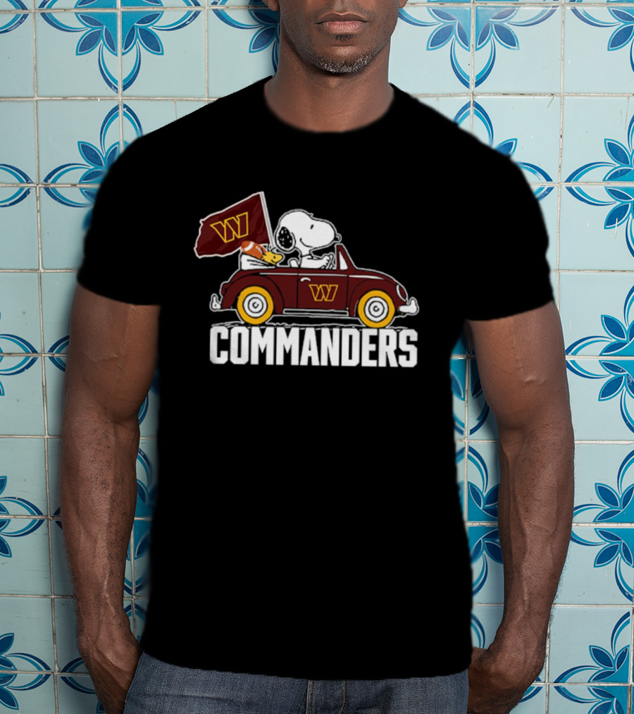 Snoopy And Woodstock Driving Car With Washington Commanders Flag T-Shirt
