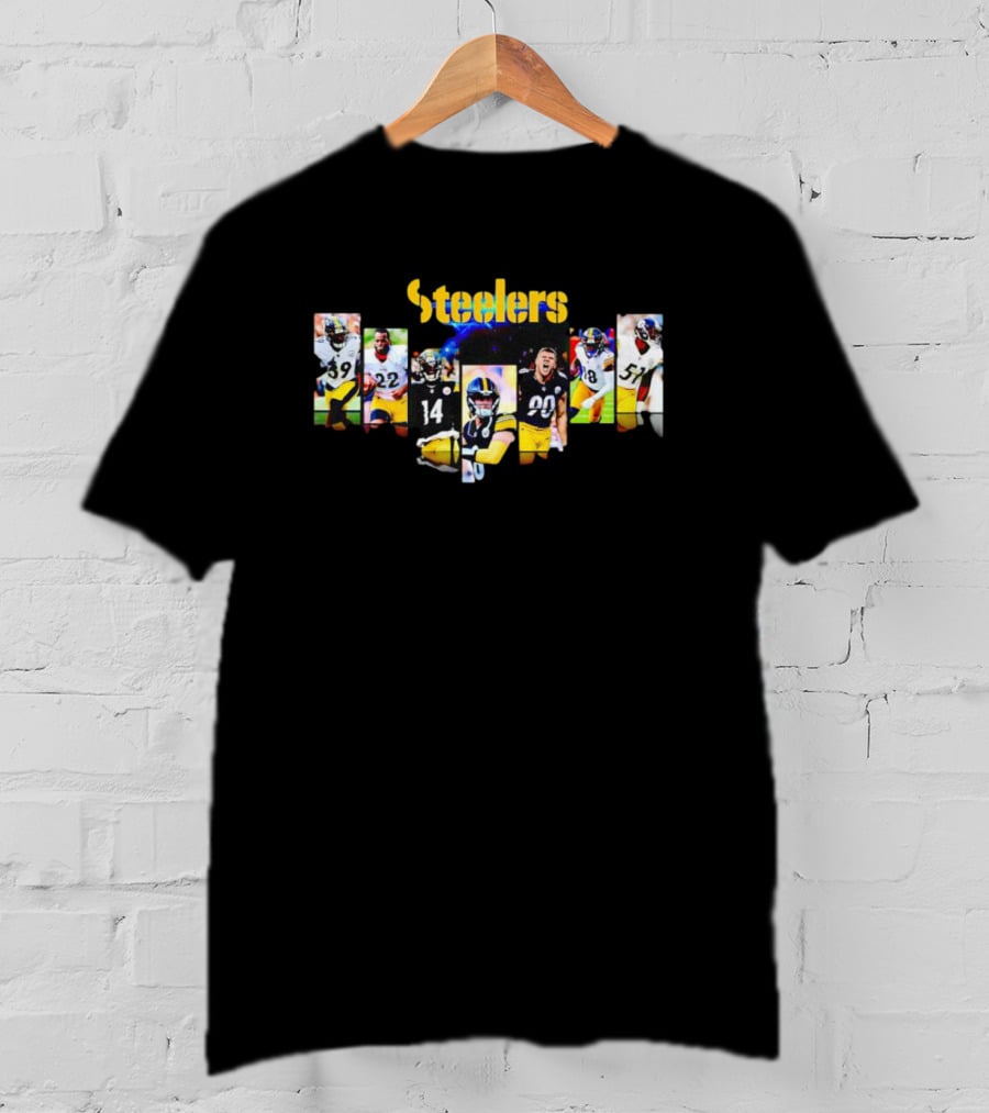 Steelers Legendary Players Collage With Iconic Team Colors And Dynamic Football Poses T-Shirt