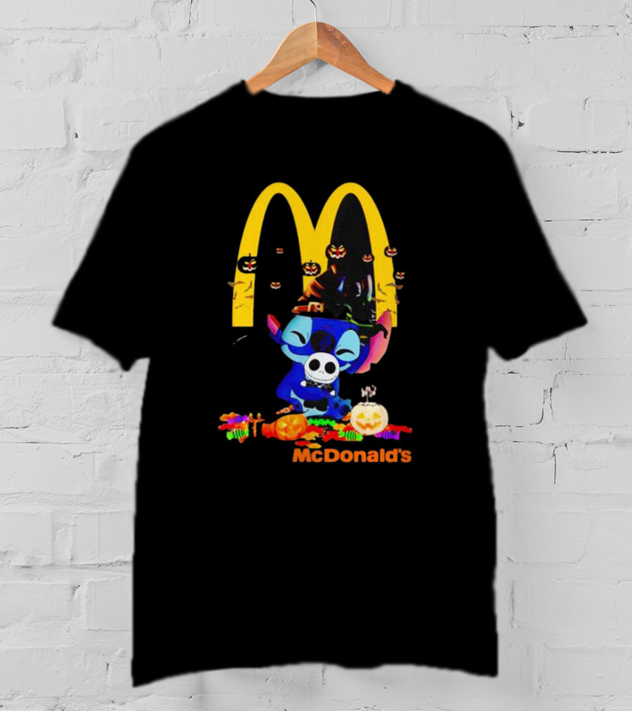 Stitch Hugging Jack Skellington With McDonald’s Halloween Pumpkins And Candy T-Shirt
