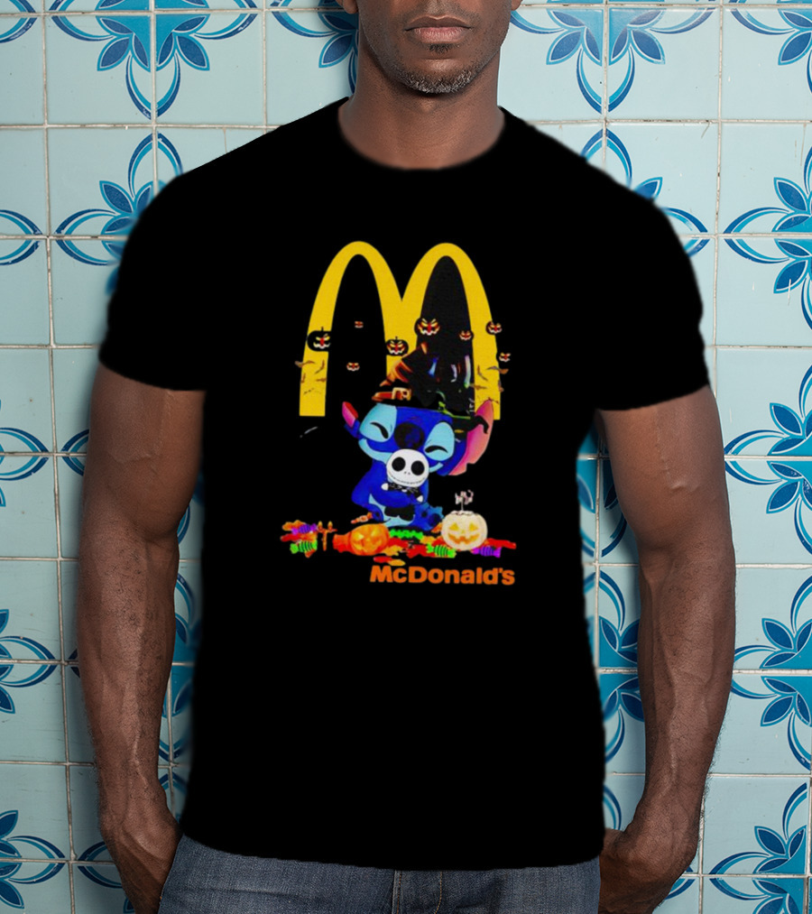Stitch Hugging Jack Skellington With McDonald’s Halloween Pumpkins And Candy T-Shirt