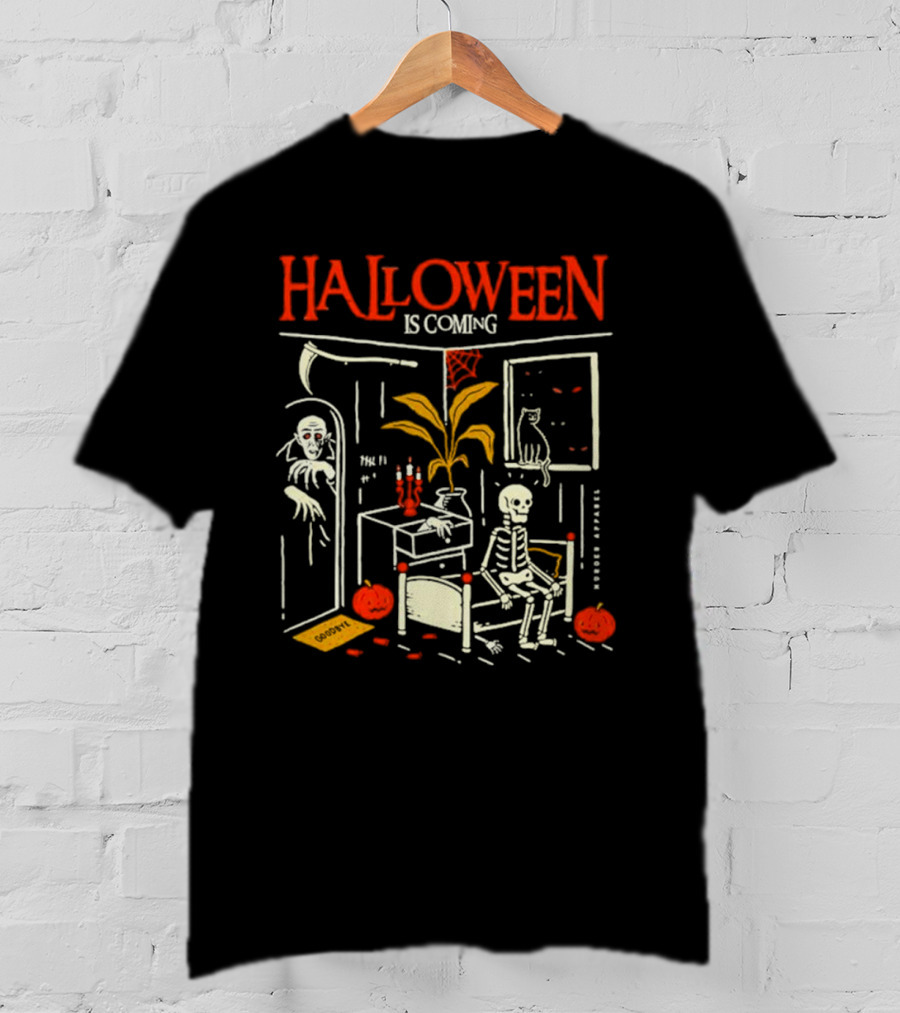 Halloween Is Coming Skeleton With Ghost And Pumpkins In Spooky Room T-Shirt