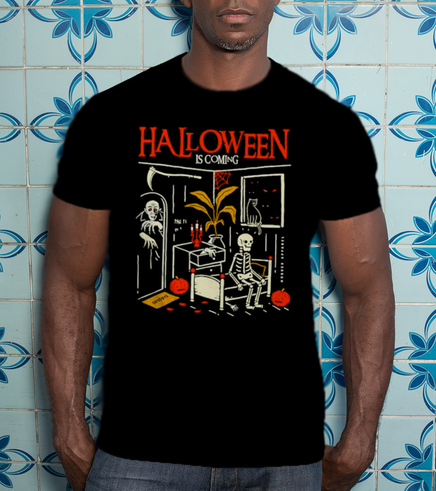 Halloween Is Coming Skeleton With Ghost And Pumpkins In Spooky Room T-Shirt