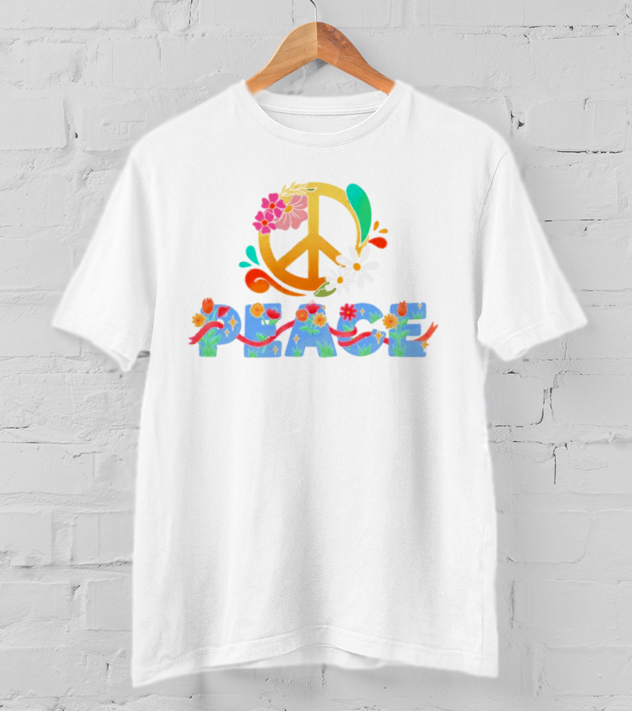 Peace Sign With Flower And Colorful Floral Lettering For International Day Of Peace T-Shirt