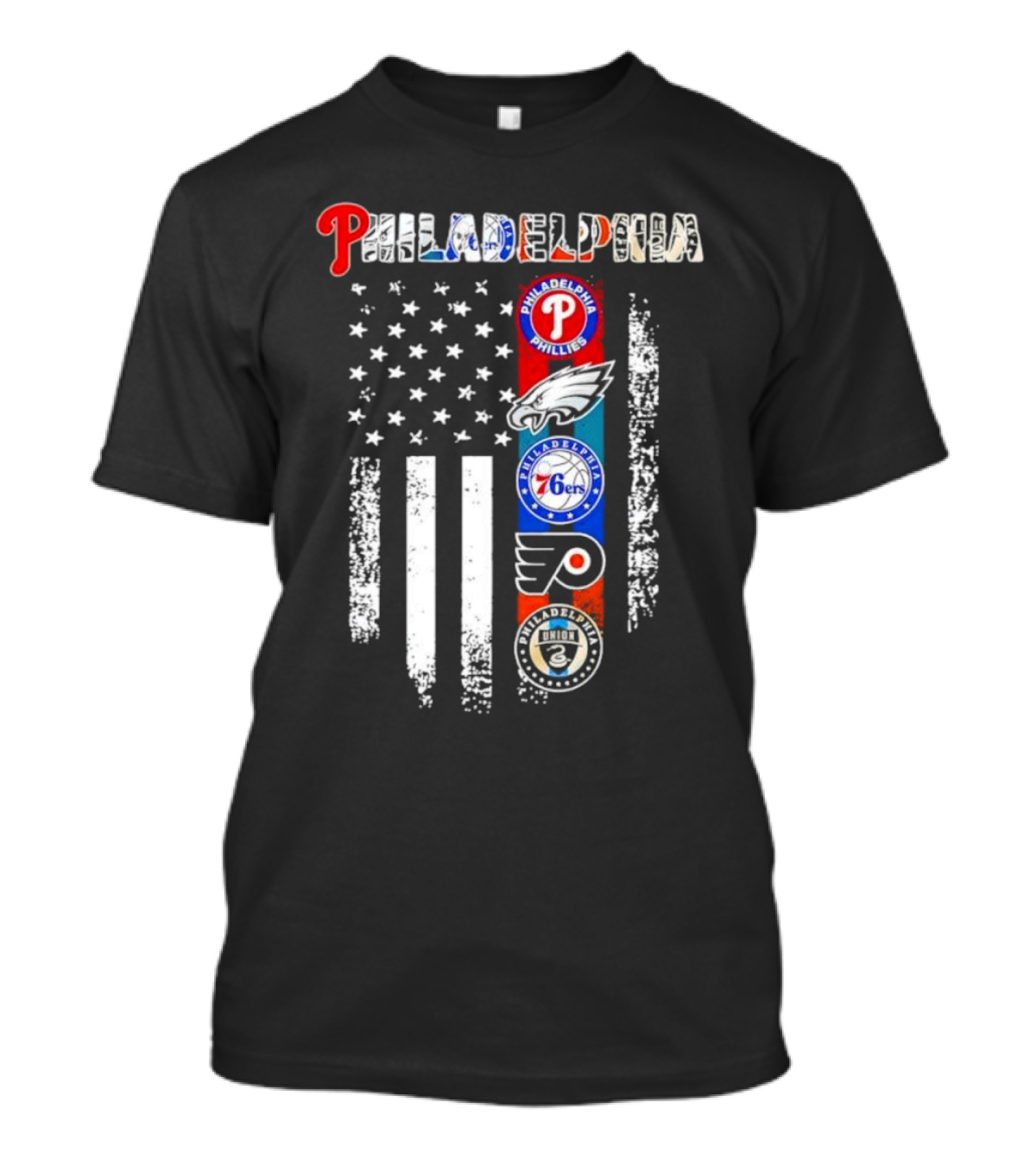 Philadelphia Phillies Eagles 76ers Flyers Union American Flag T-Shirt