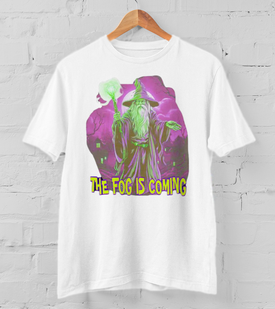 The Fog Is Coming Wizard With Green Staff And Purple Background T-Shirt