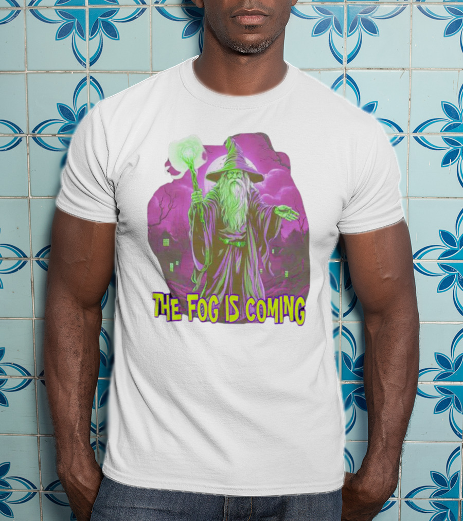 The Fog Is Coming Wizard With Green Staff And Purple Background T-Shirt