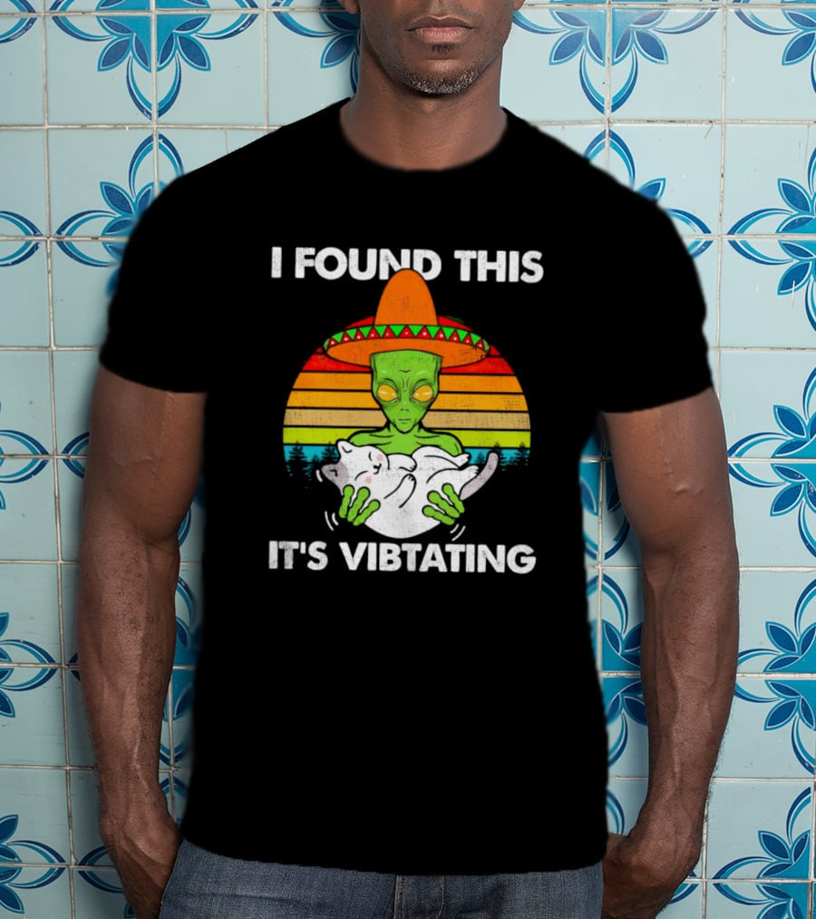 I Found This It's Vibrating Alien Cat Vintage Retro Sunset Sombrero T-Shirt