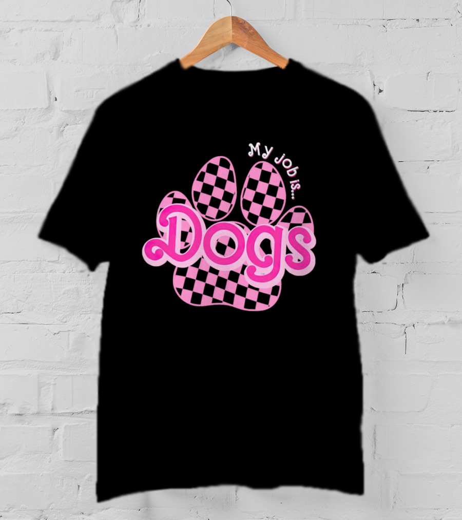 Barbie My Job Is Dogs Pink Checkered Paw Prints T-Shirt