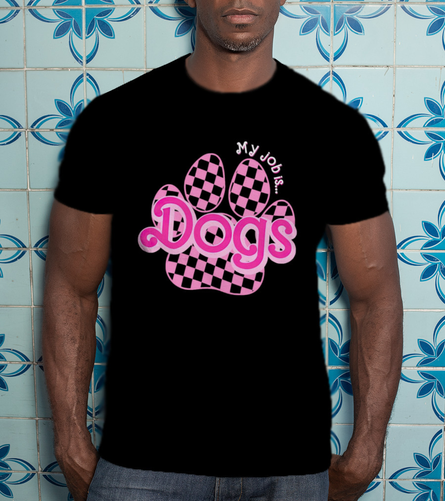 Barbie My Job Is Dogs Pink Checkered Paw Prints T-Shirt