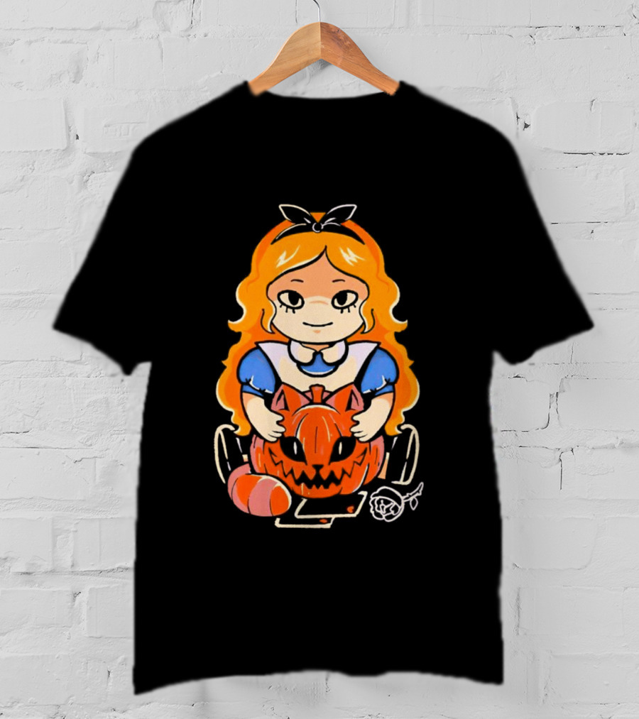 Chibi Alice Wonderland Halloween With Pumpkin And Rose T-Shirt