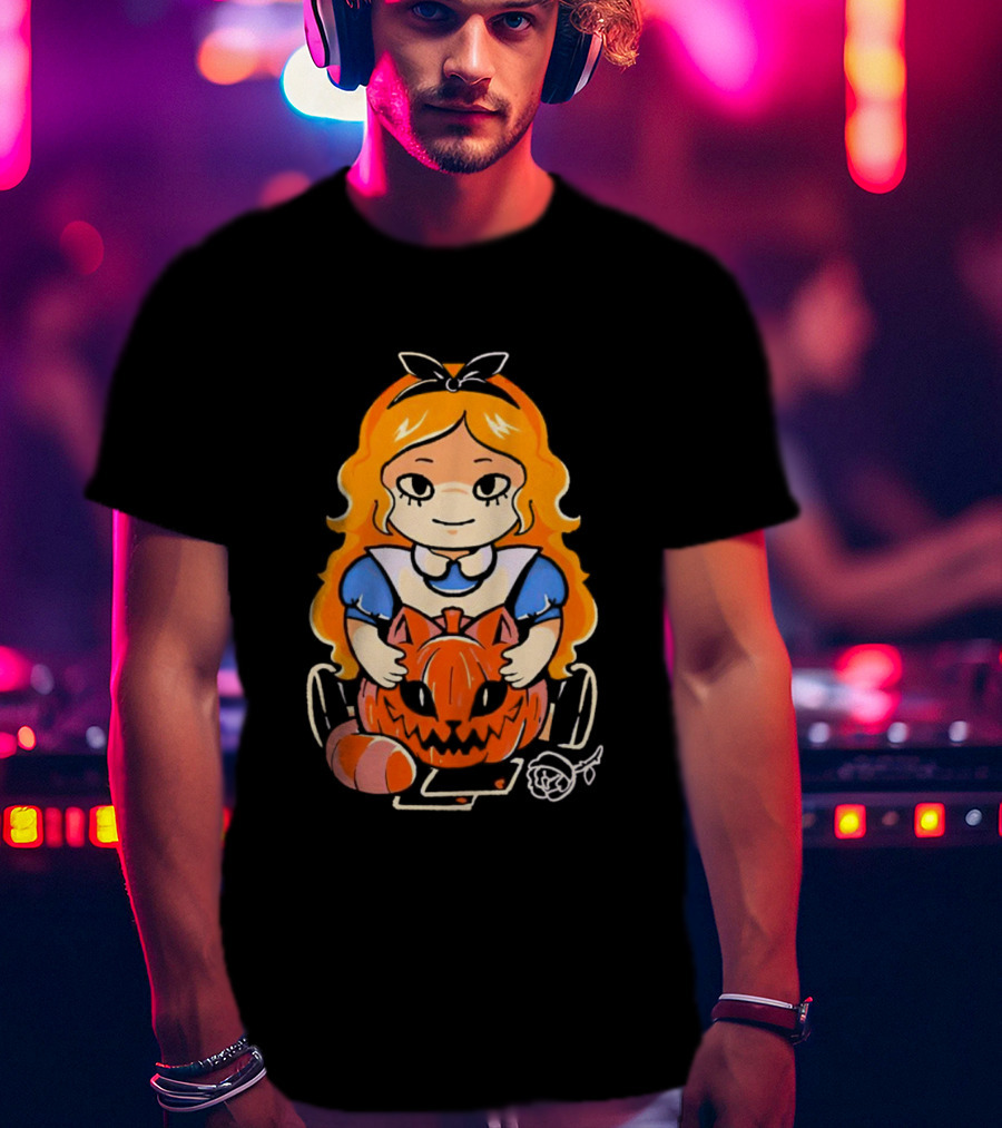 Chibi Alice Wonderland Halloween With Pumpkin And Rose T-Shirt