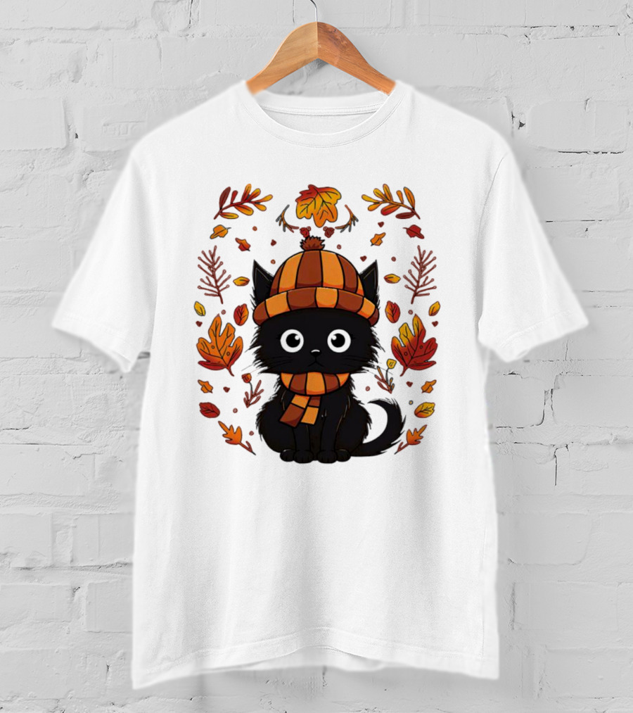 Black Cat Autumn Leaves Cozy Fall T-Shirt